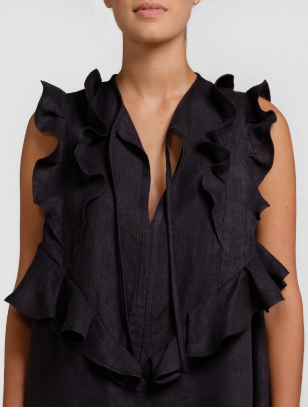 black blouse in natural hemp with ruffles